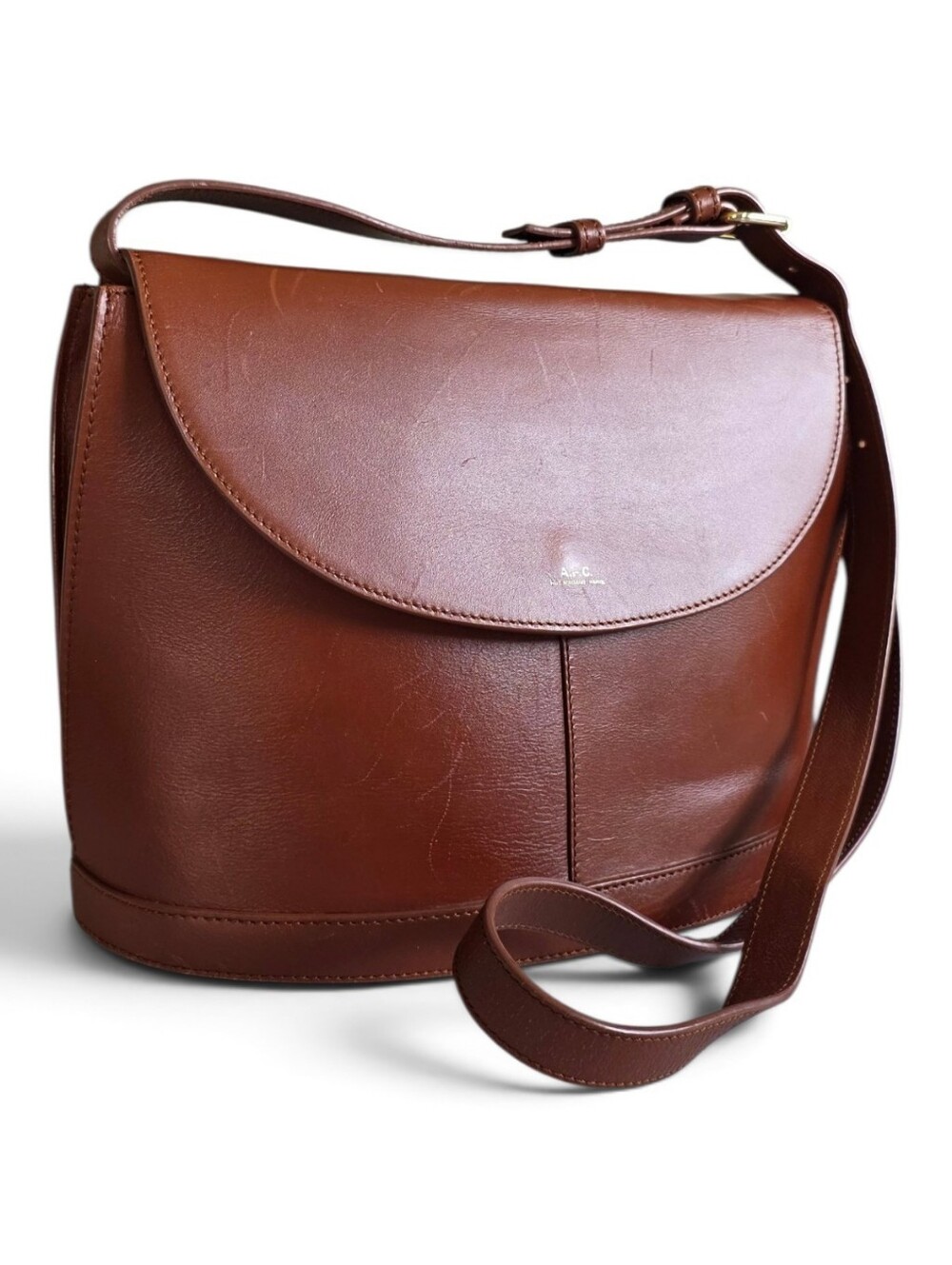 A.P.C. Lea Chestnut Brown Leather Saddle Crossbody Bag